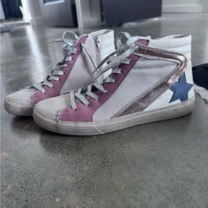ShuShop Cream, Pink, Silver Sneakers Distressed High-Top